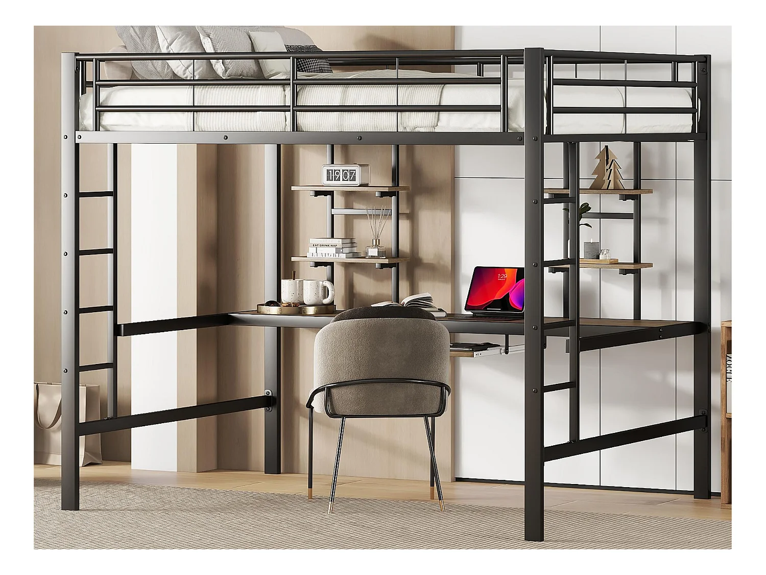 Lit mezzanine 140x200cm - avec bureau et étagères - cadre en métal - Noir