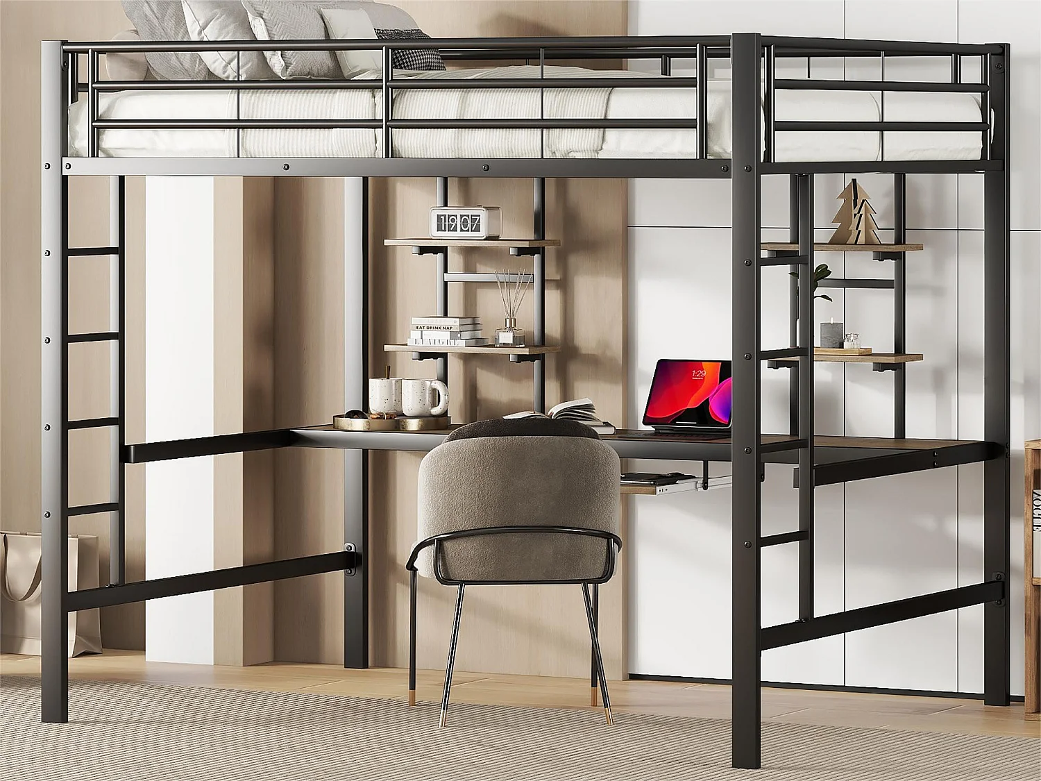 Lit mezzanine 140x200cm - avec bureau et étagères - cadre en métal - Noir