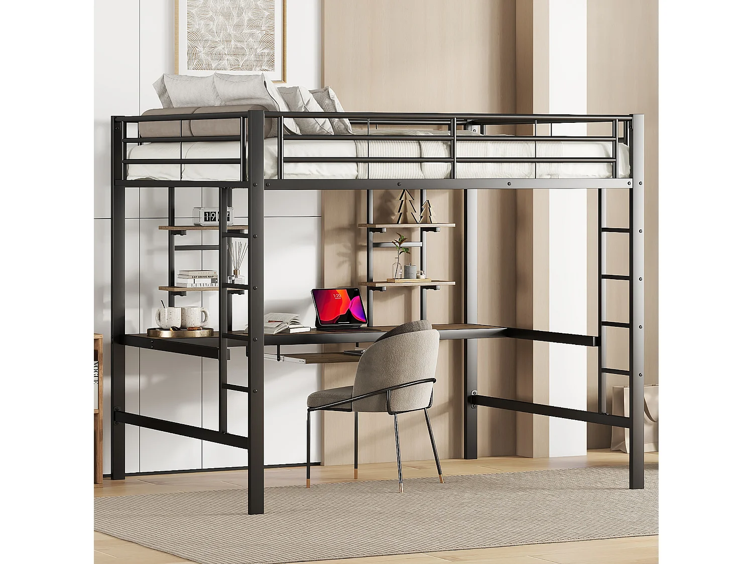 Lit mezzanine 140x200cm - avec bureau et étagères - cadre en métal - Noir