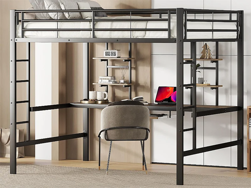 Hochbett 140x200cm – mit Schreibtisch und Regalen – Metallrahmen – Schwarz