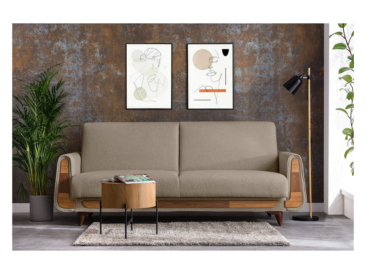 Canapé convertible GUSTAVO - 3 places - Tissu velours - Marron