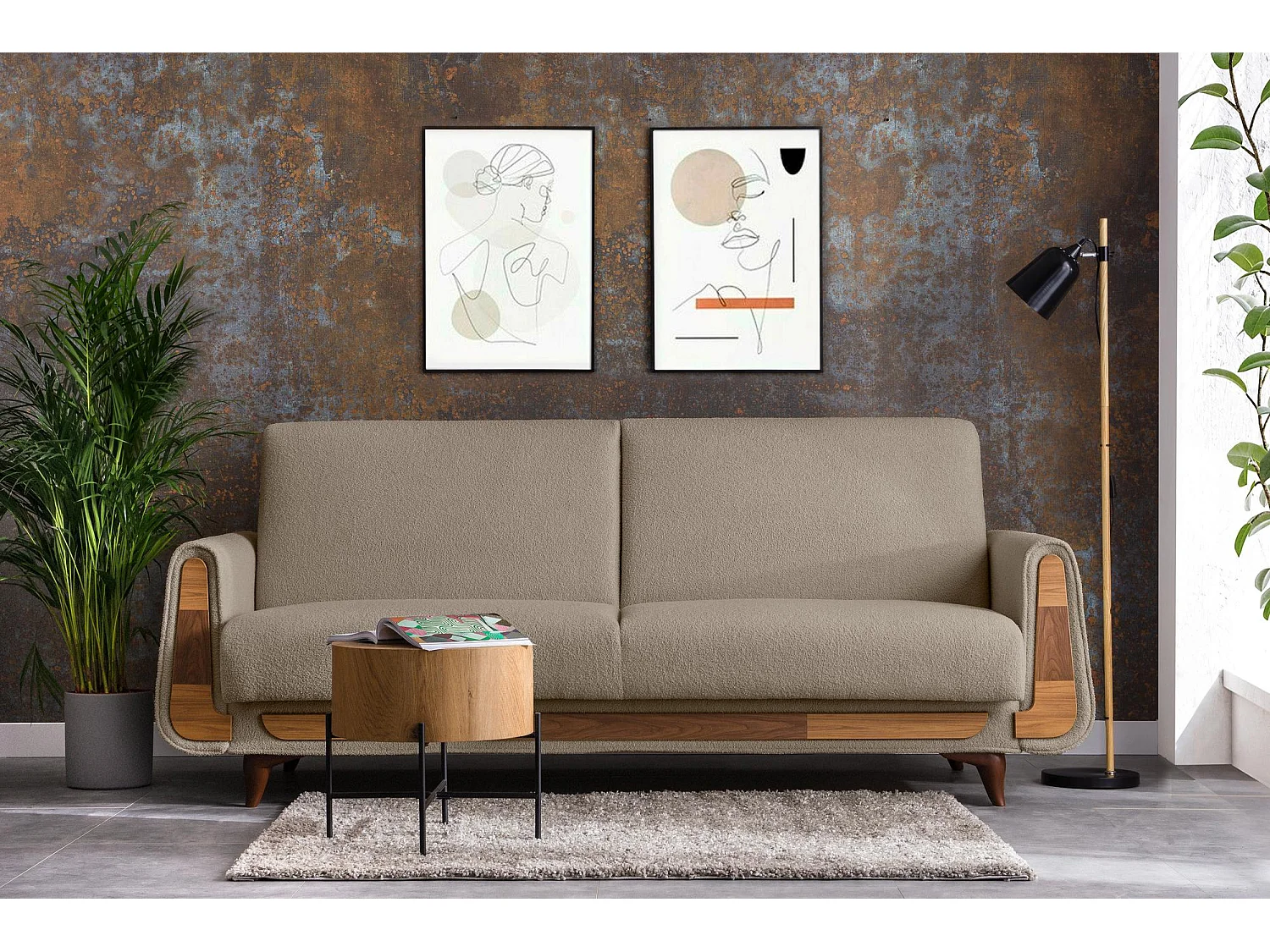 Schlafsofa GUSTAVO Schlafsofa - 3-Sitzer - Velours-Stoff - Graubeige