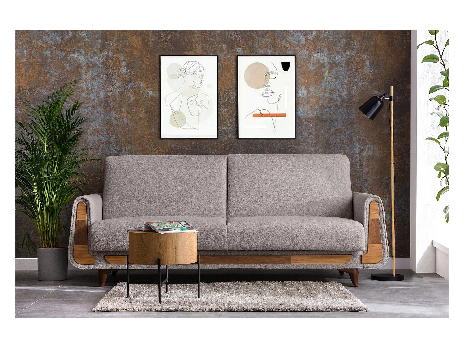 Canapé convertible GUSTAVO - 3 places - Tissu velours - Gris