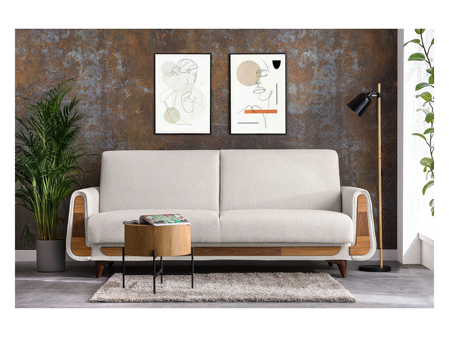 Canapé convertible GUSTAVO - 3 places - Tissu velours - Blanc