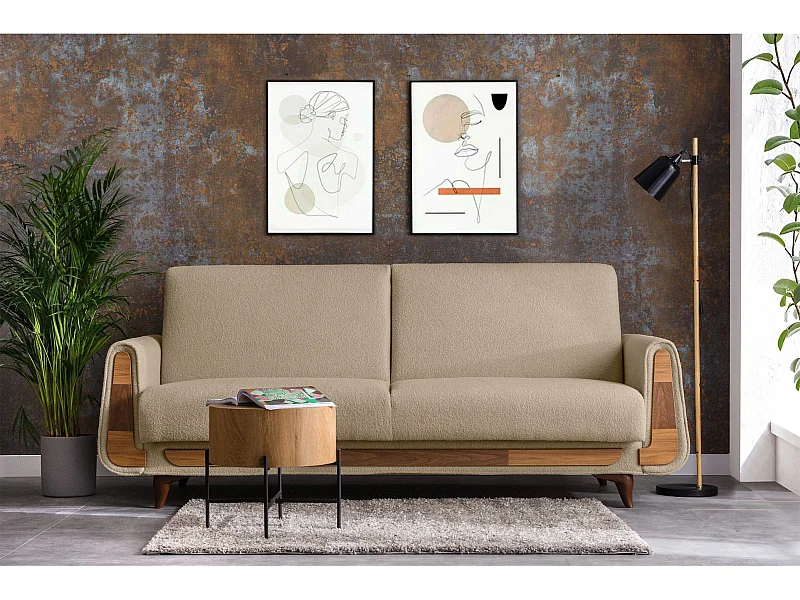 Schlafsofa GUSTAVO Schlafsofa - 3-Sitzer - Velours-Stoff - Ecru
