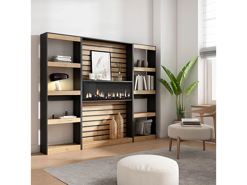 Bücherregal Bibliothek, 230x25x186cm, Wohnzimmer, Esszimmer, Büro, Elektrokamin, Eiche Schwarz