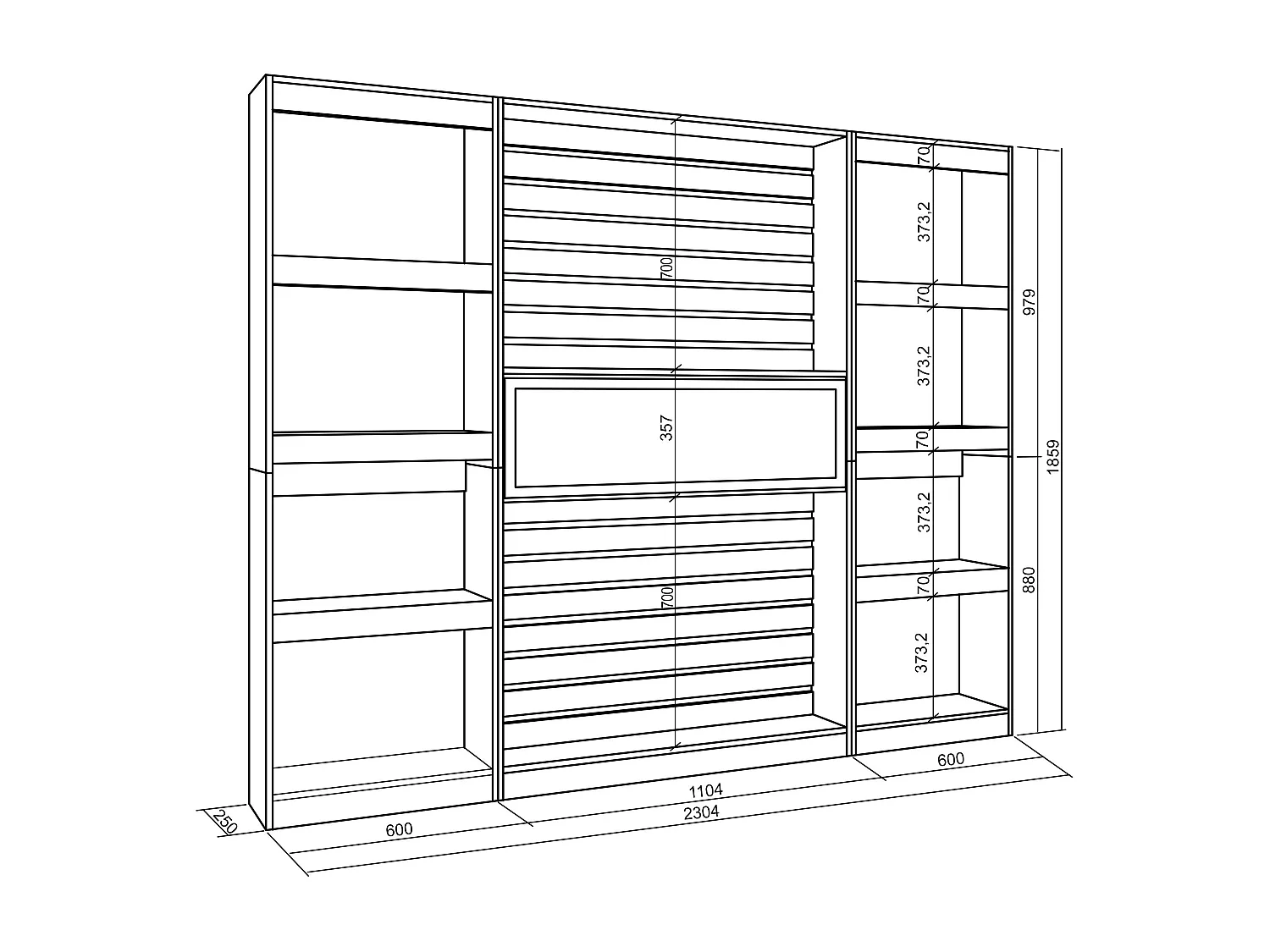 Bücherregal Bibliothek, 230x25x186cm, Wohnzimmer, Esszimmer, Büro, Elektrokamin, Eiche Schwarz