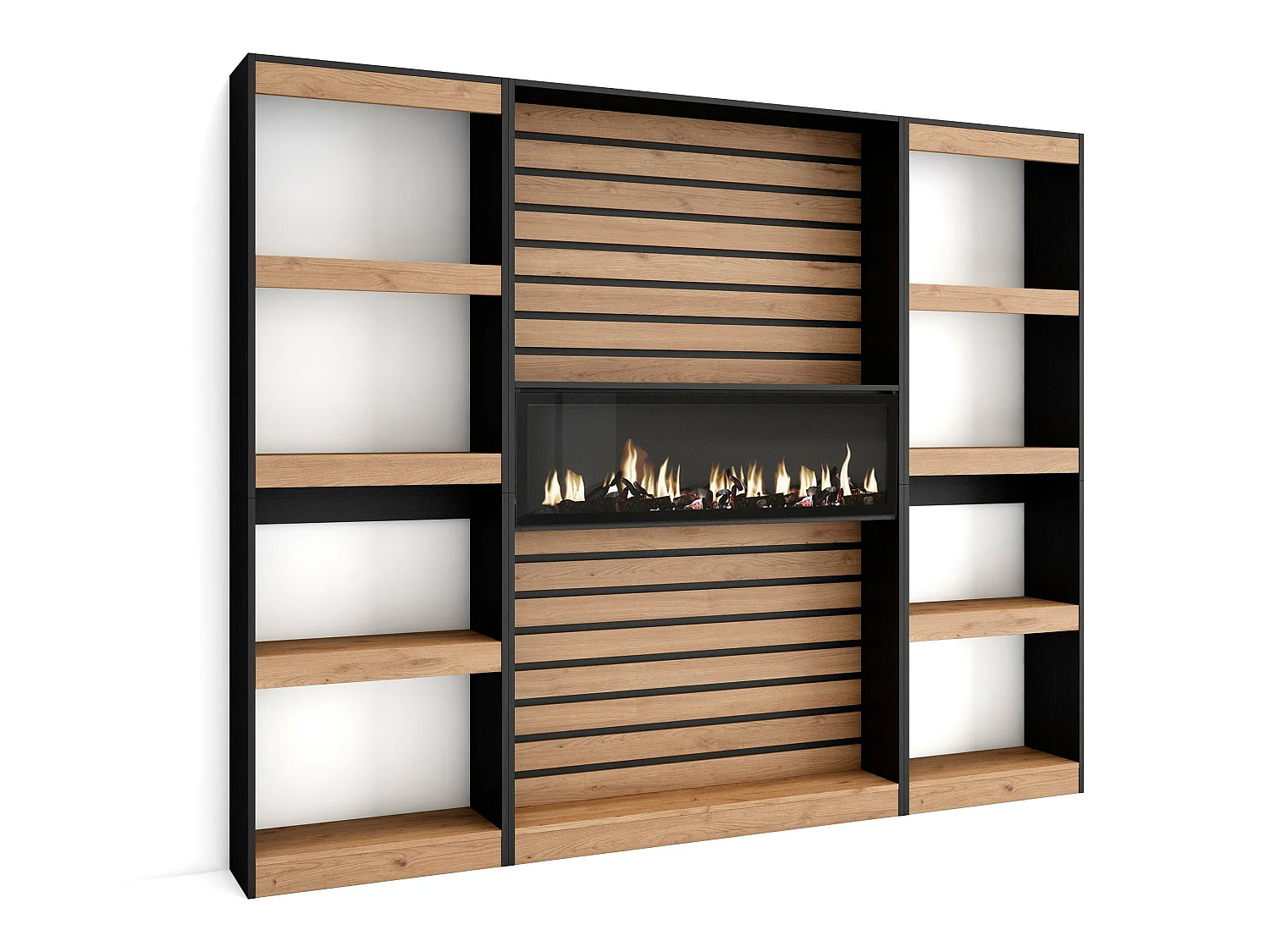 Boekenkast, Boekenplank, 230x25x186cm, Woonkamer, Eetkamer, Bureau, Elektrische haard, Eiken/Zwart