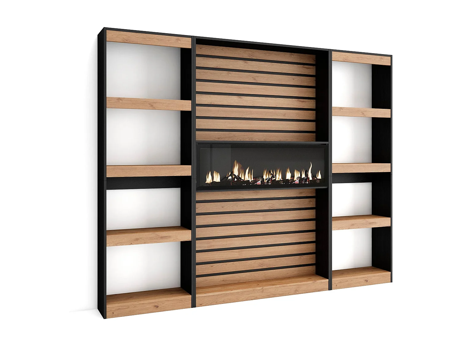 Étagère Bibliothèque, 230x25x186cm, Salon Salle à manger Bureau, Cheminée électrique, Chêne et noir