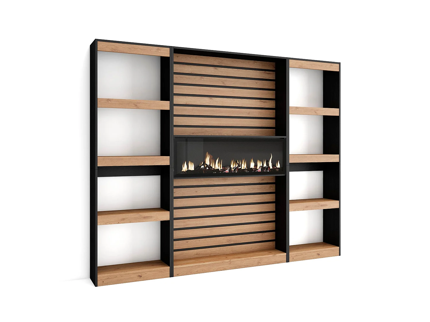 Librería estantería, 230x25x186cm, Salón - Comedor - Oficina, Chimenea eléctrica, Roble y negro