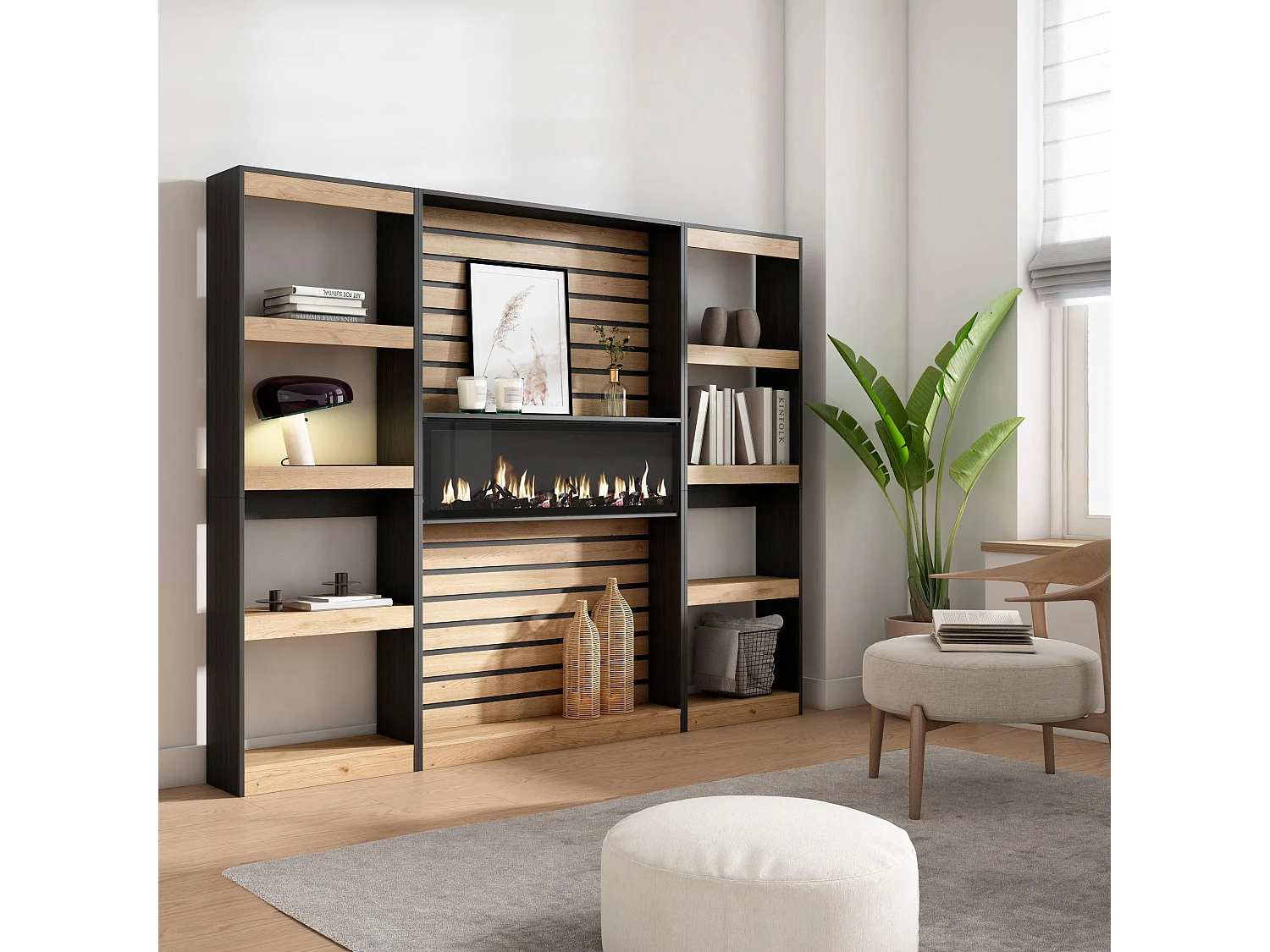 Librería estantería, 230x25x186cm, Salón - Comedor - Oficina, Chimenea eléctrica, Roble y negro