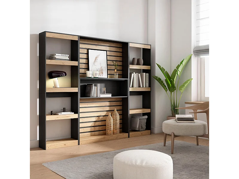 Librería estantería, 230x25x186cm, Salón - Comedor - Oficina, Con Almacenaje, Roble y negro
