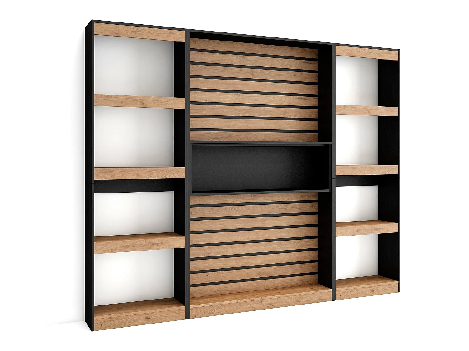 Boekenkast, Boekenplank, 230x25x186cm, Woonkamer, Eetkamer, Bureau, Kantoorplank, Eiken/Zwart