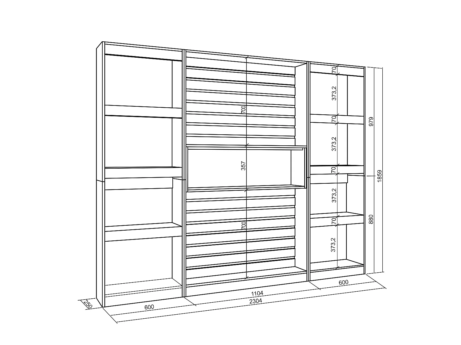 Librería estantería, 230x25x186cm, Salón - Comedor - Oficina, Con Almacenaje, Roble y negro