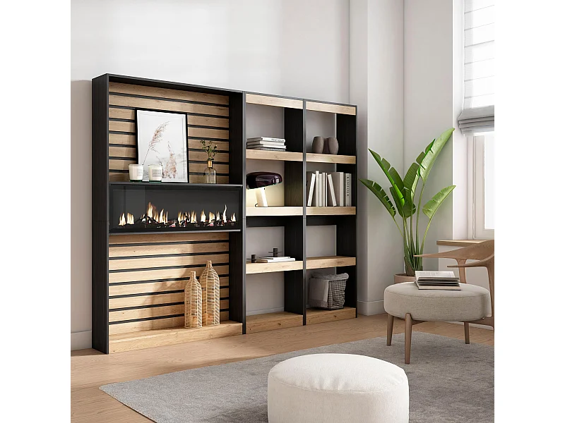 Bücherregal Bibliothek, 230x25x186cm, Wohnzimmer, Esszimmer, Büro, Elektrokamin, Eiche Schwarz