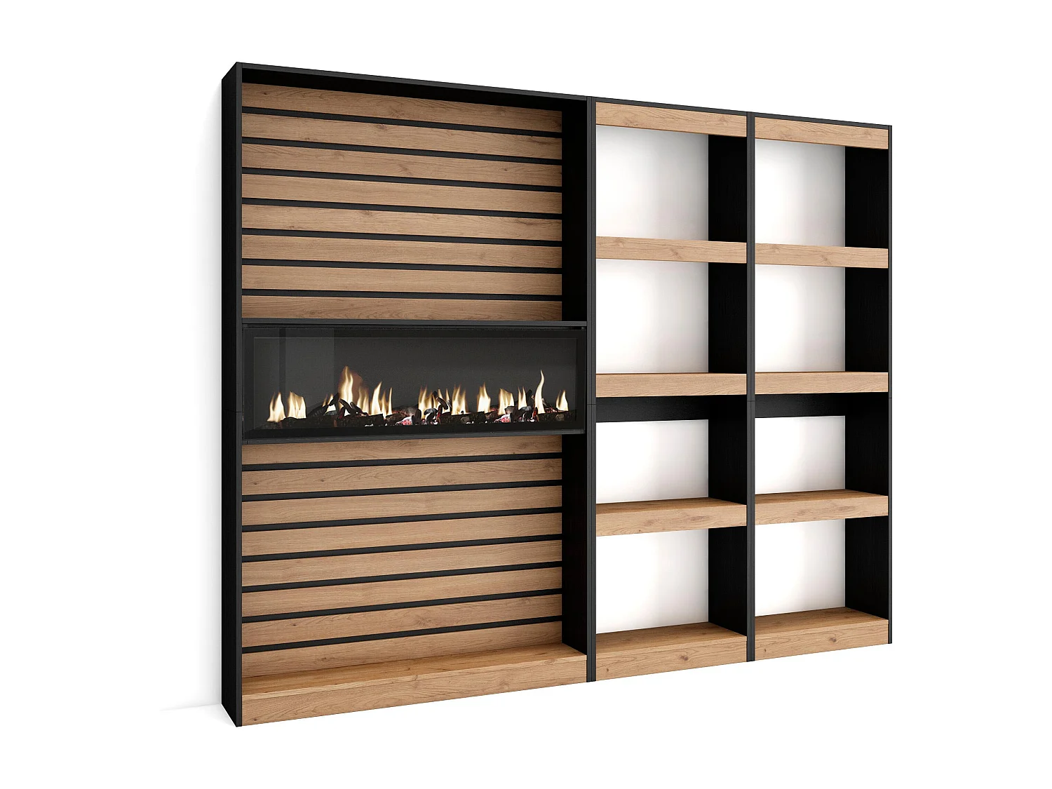 Étagère Bibliothèque, 230x25x186cm, Salon Salle à manger Bureau, Cheminée électrique, Chêne et noir