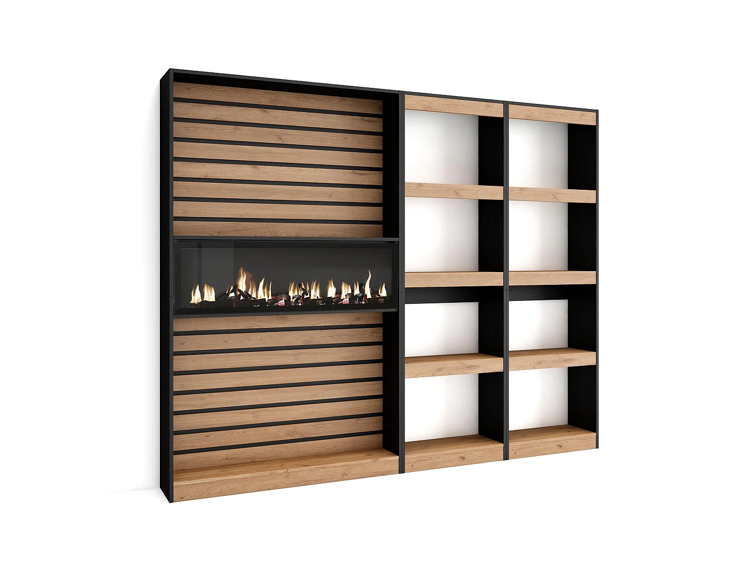 Étagère Bibliothèque, 230x25x186cm, Salon, Bureau, Cheminée électrique, Chêne et noir