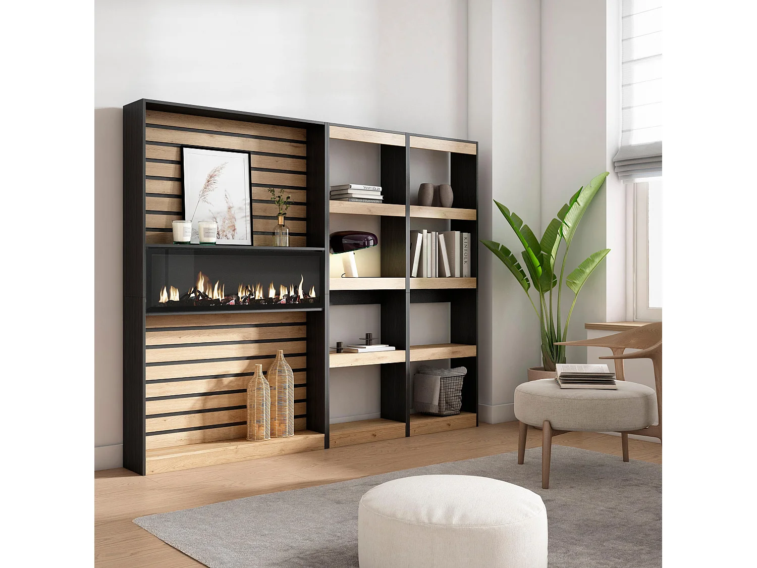 Étagère Bibliothèque, 230x25x186cm, Salon, Bureau, Cheminée électrique, Chêne et noir