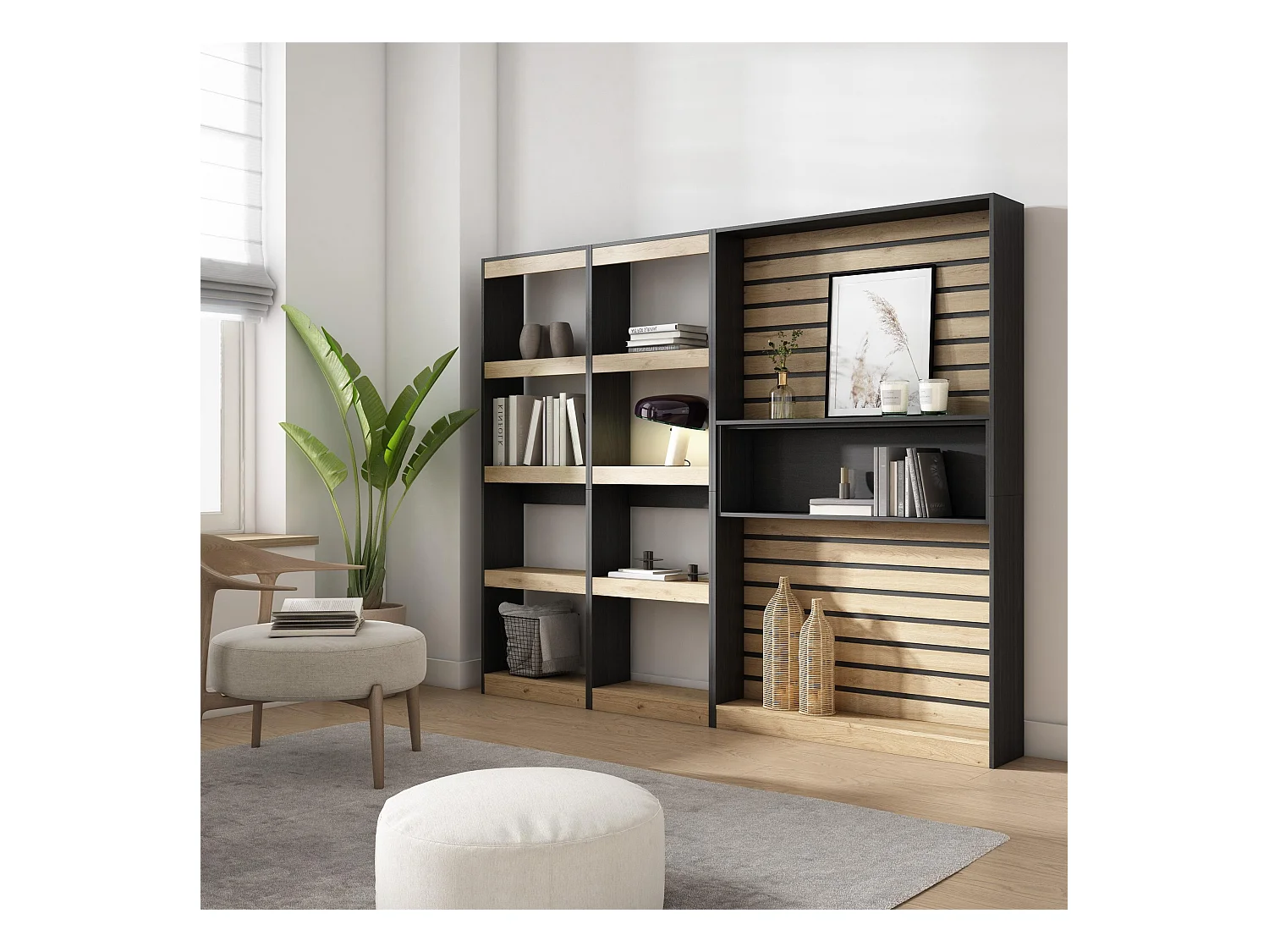 Étagère Bibliothèque, 230x25x186cm, Salon Salle à manger Bureau, Salon, Bureau, Chêne et noir