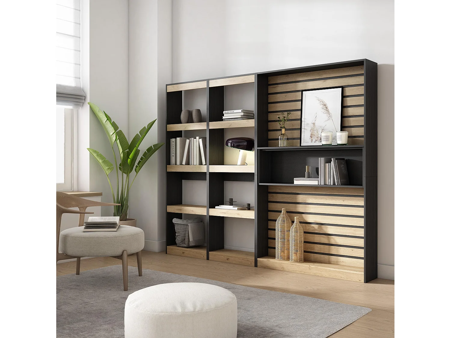 Boekenkast, Boekenplank, 230x25x186cm, Woonkamer, Eetkamer, Bureau, Kantoorplank, Eiken/Zwart