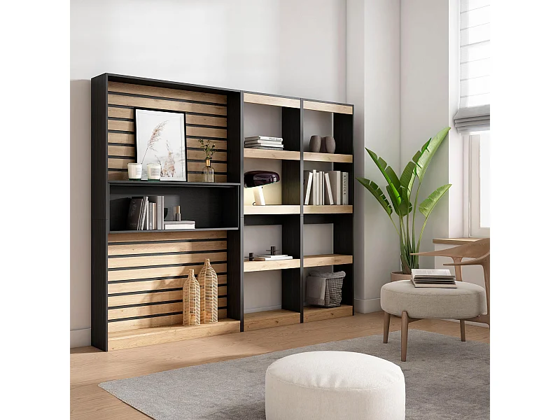 Bücherregal Bibliothek, 230x25x186cm, Wohnzimmer, Esszimmer, Büro, Aufbewahrungsregal, Eiche Schwarz