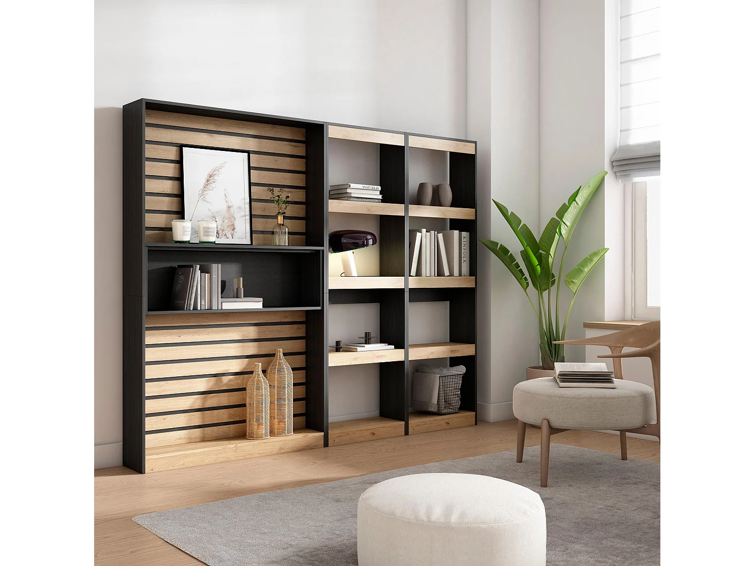 Boekenkast, Boekenplank, 230x25x186cm, Woonkamer, Eetkamer, Bureau, Kantoorplank, Eiken/Zwart