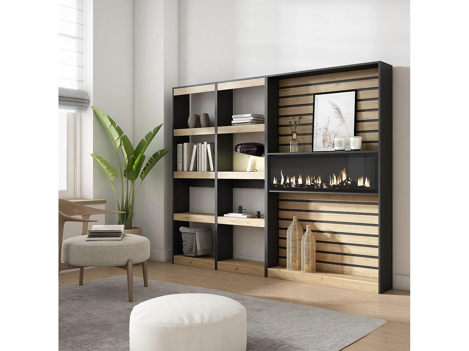 Librería estantería, 230x25x186cm, Salón - Comedor - Oficina, Chimenea eléctrica, Roble y negro