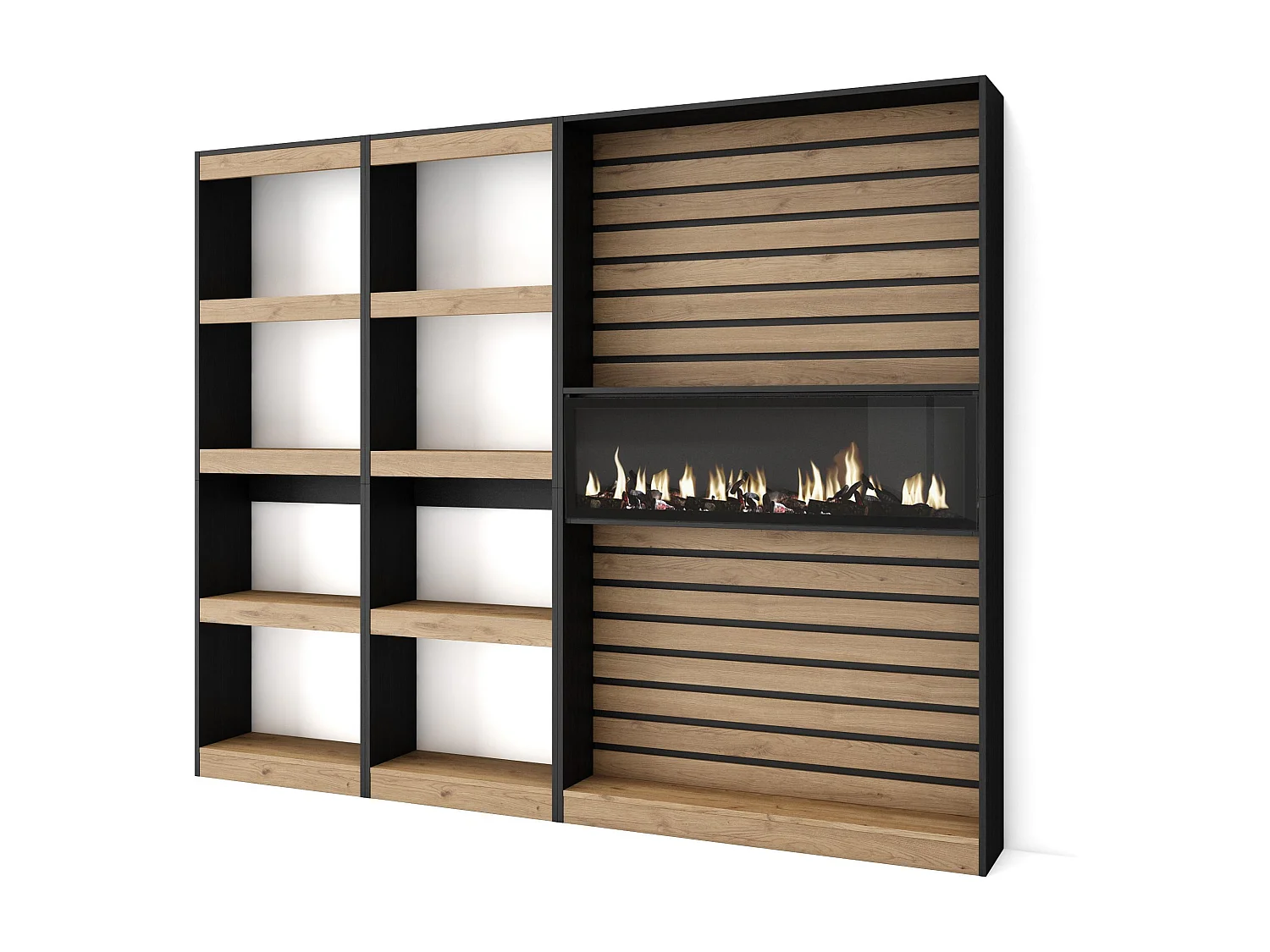 Étagère Bibliothèque, 230x25x186cm, Salon, Bureau, Cheminée électrique, Chêne et noir