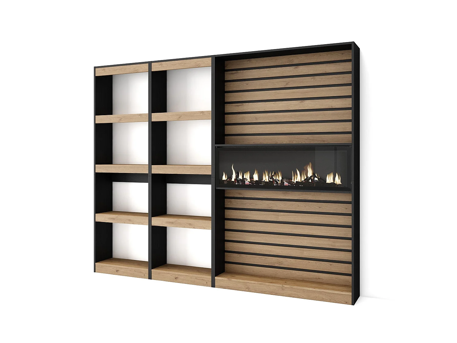 Étagère Bibliothèque, 230x25x186cm, Salon, Bureau, Cheminée électrique, Chêne et noir