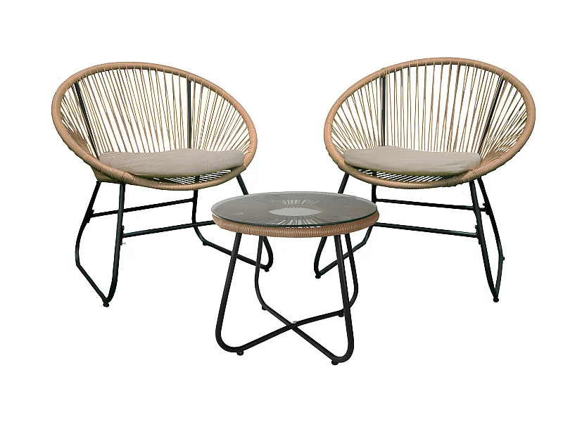 Salon de Jardin 2 Places Menia Résine Corde Acier Beige