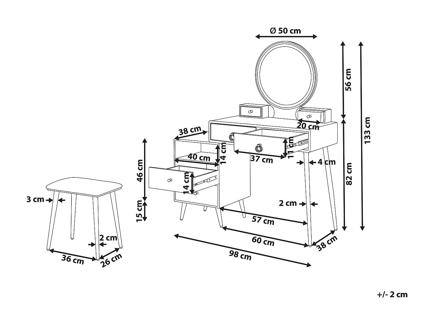 Coiffeuse avec miroir et tabouret YVES LED Blanc