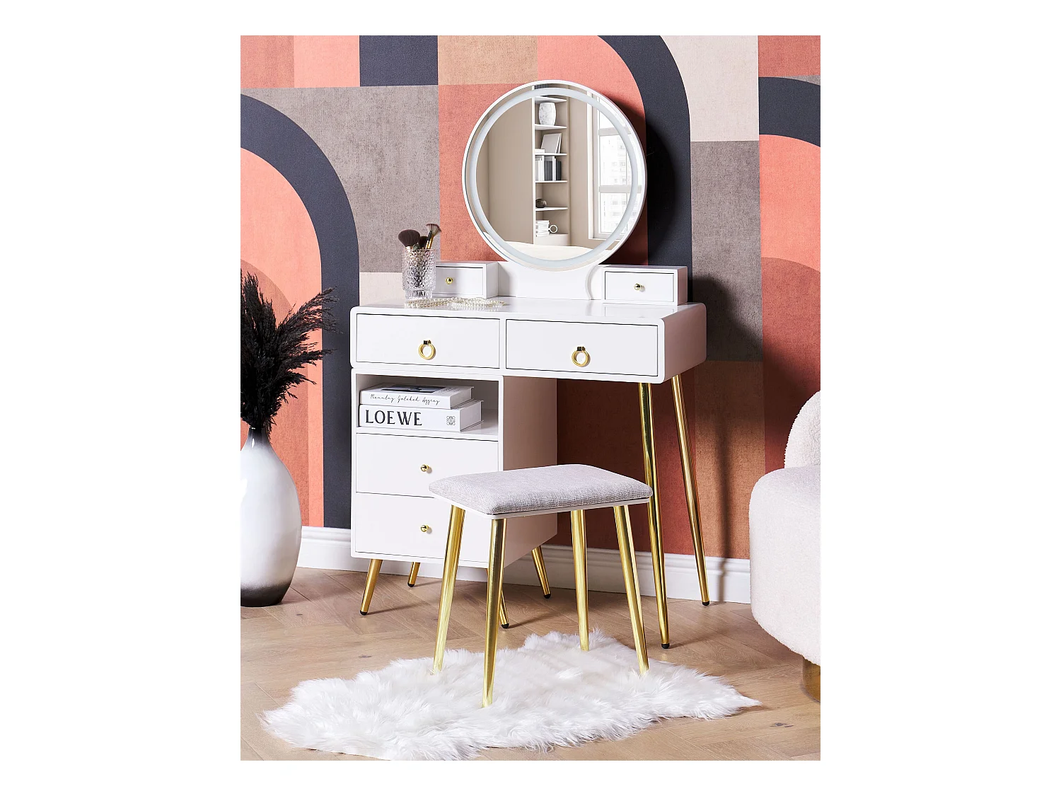 Coiffeuse avec miroir et tabouret YVES LED Blanc