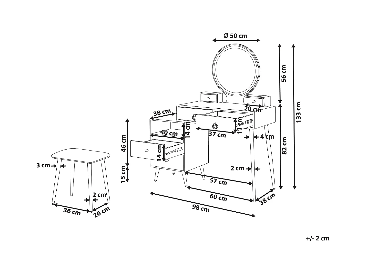 Coiffeuse avec miroir et tabouret YVES LED Blanc