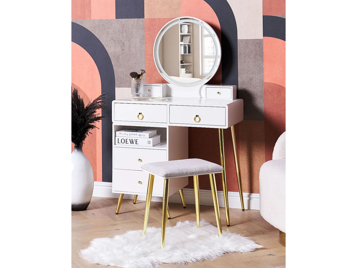 Coiffeuse avec miroir et tabouret YVES LED Blanc