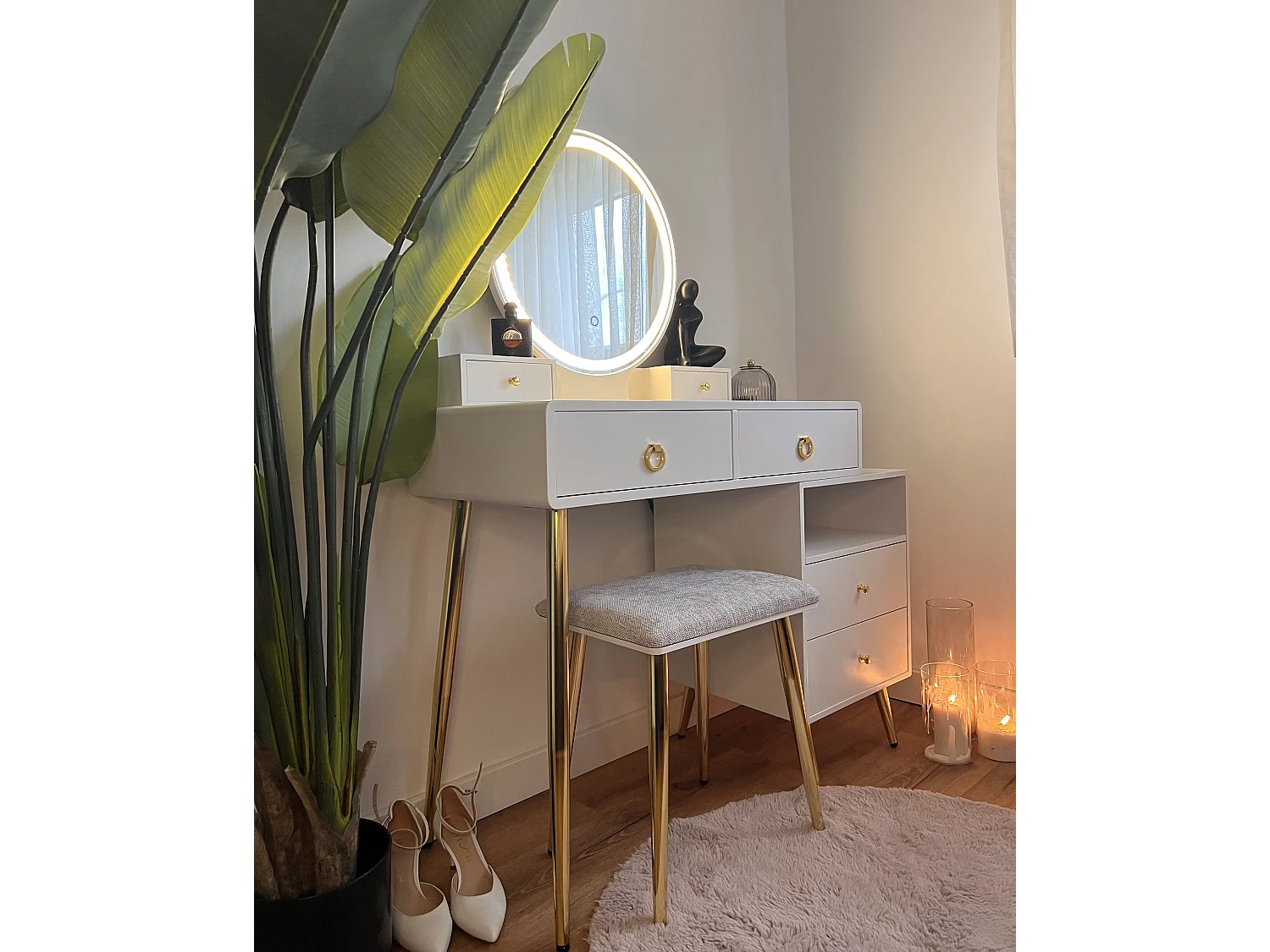 Dressing Table with Mirror and Stool YVES LED White