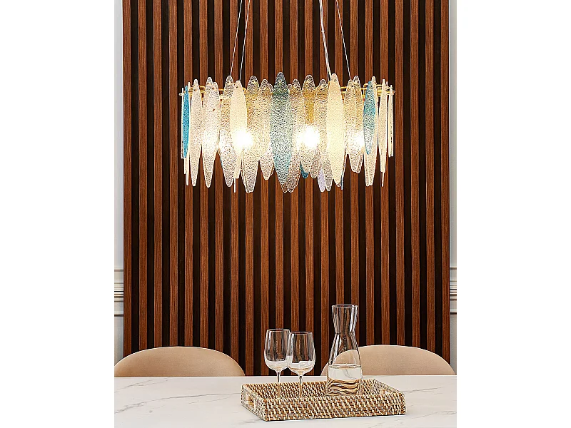 Kronleuchter Glas weiß / blau Wasserfall-Optik Ringform Metall gold Malacca