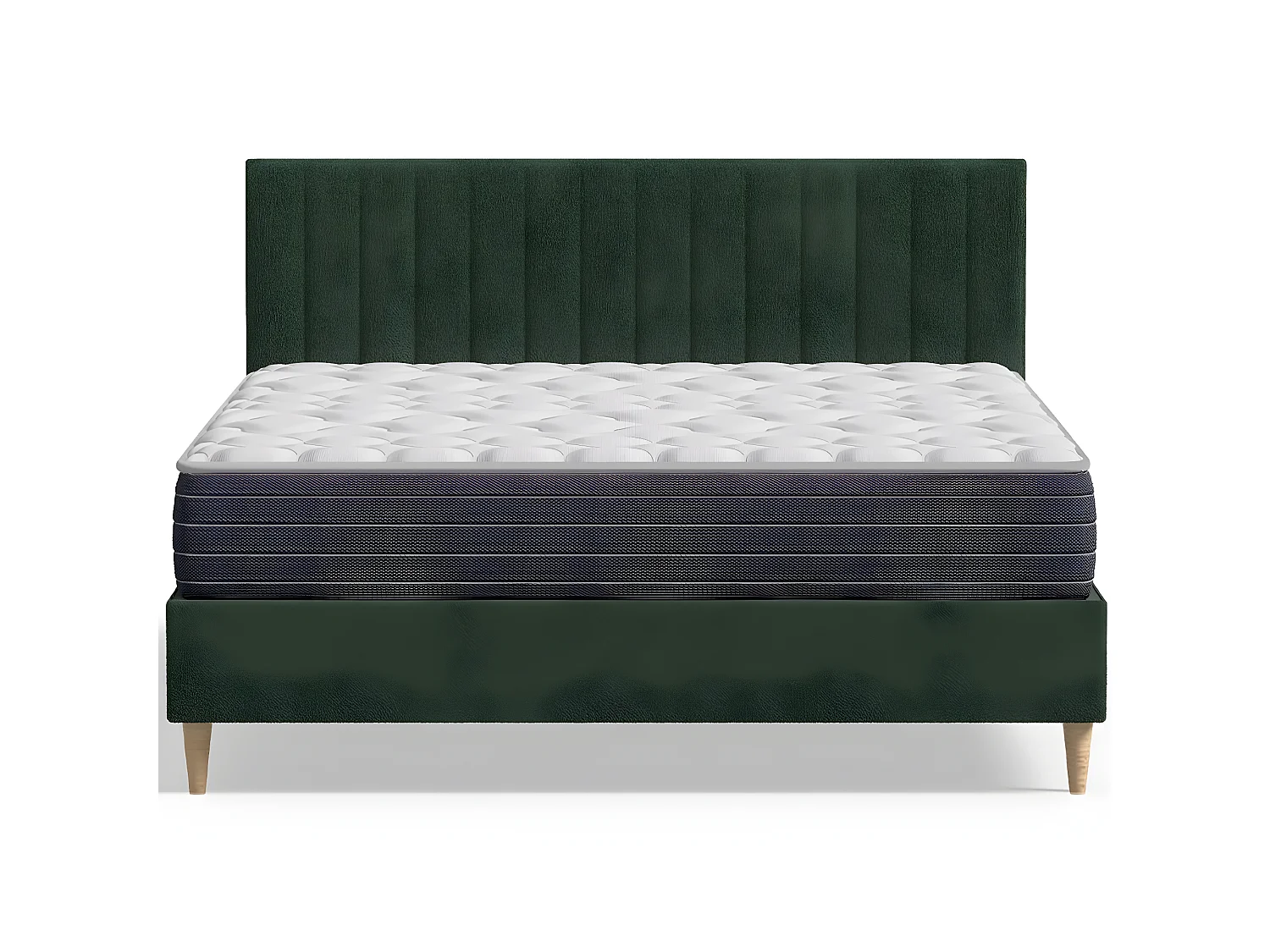 Ensemble lit adulte 140x190 cm en velours vert avec tête de lit matelassée Eliot + Matelas mémoire de forme Memo HR