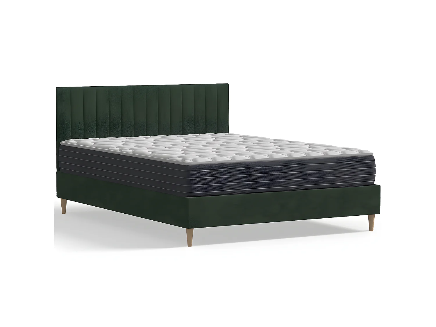 Ensemble lit adulte 140x190 cm en velours vert avec tête de lit matelassée Eliot + Matelas mémoire de forme Memo HR