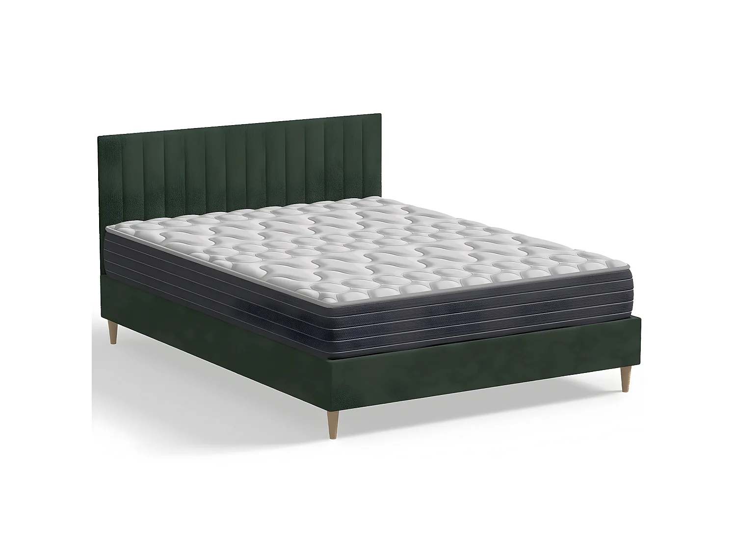 Ensemble lit adulte 140x190 cm en velours vert avec tête de lit matelassée Eliot + Matelas mémoire de forme Memo HR