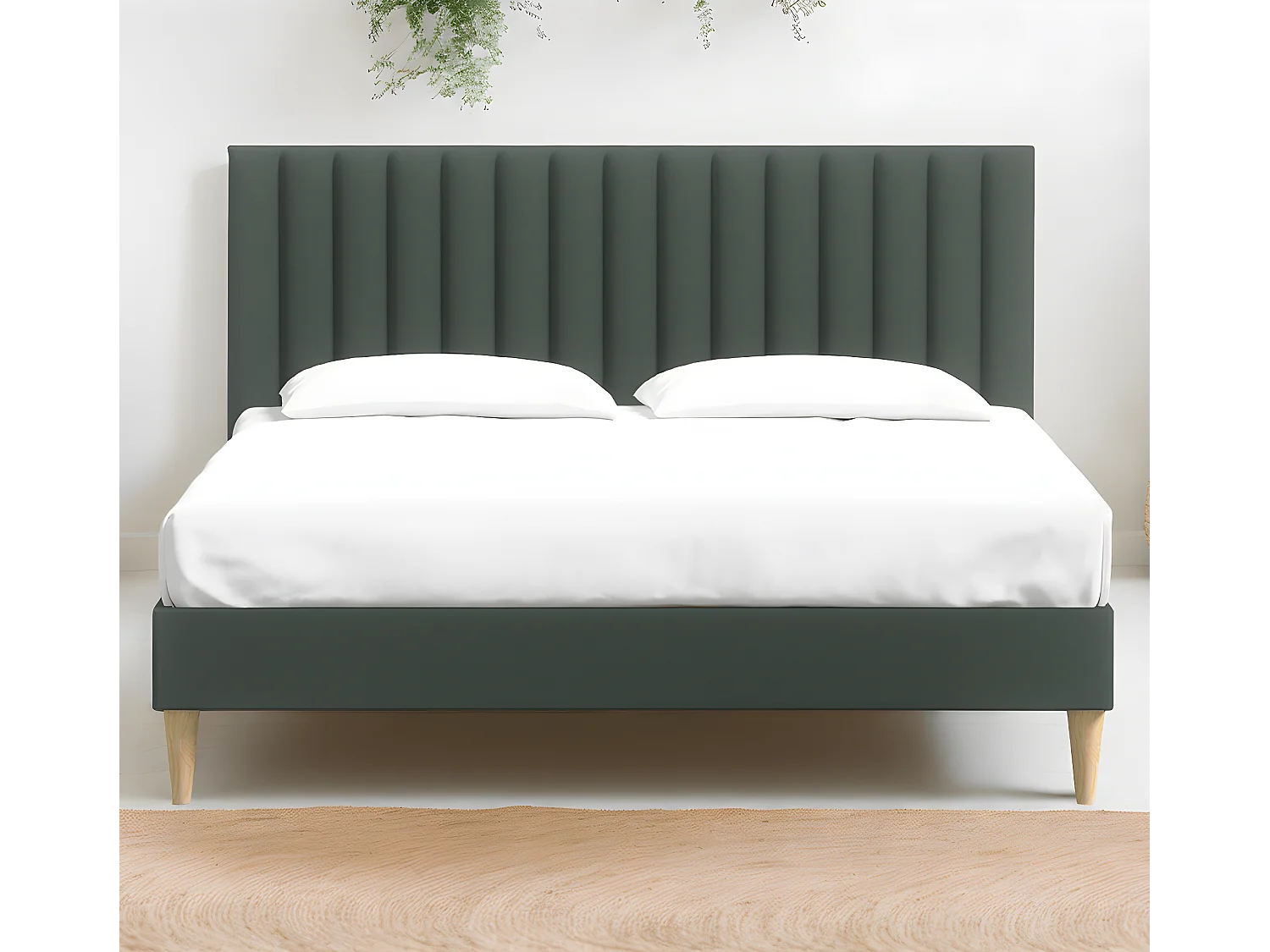 Ensemble lit adulte 140x190 cm en velours vert avec tête de lit matelassée Eliot + Matelas mémoire de forme Memo HR