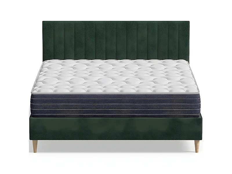 Ensemble lit adulte 140x190 cm en velours vert avec tête de lit matelassée Eliot + Matelas mémoire de forme Memo HR