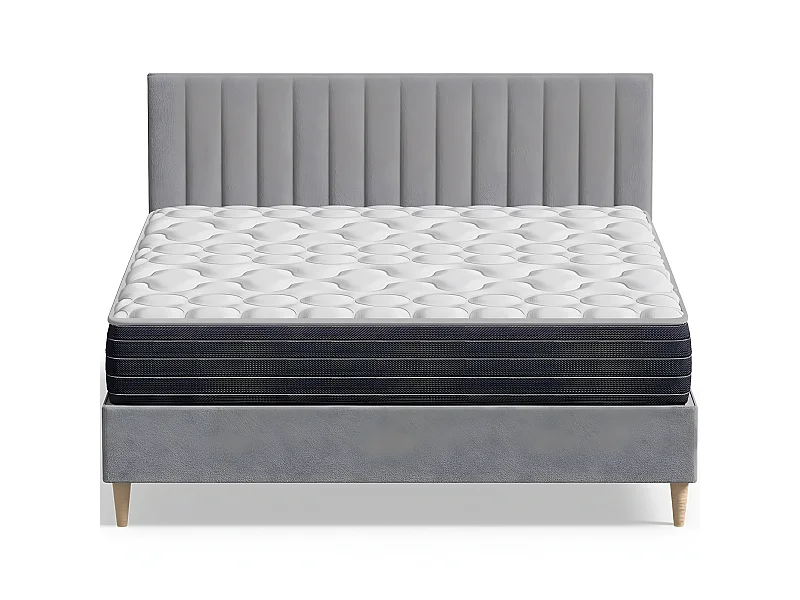 Ensemble lit adulte 140x190 cm en velours gris clair avec tête de lit matelassée Eliot + Matelas mémoire de forme Memo HR