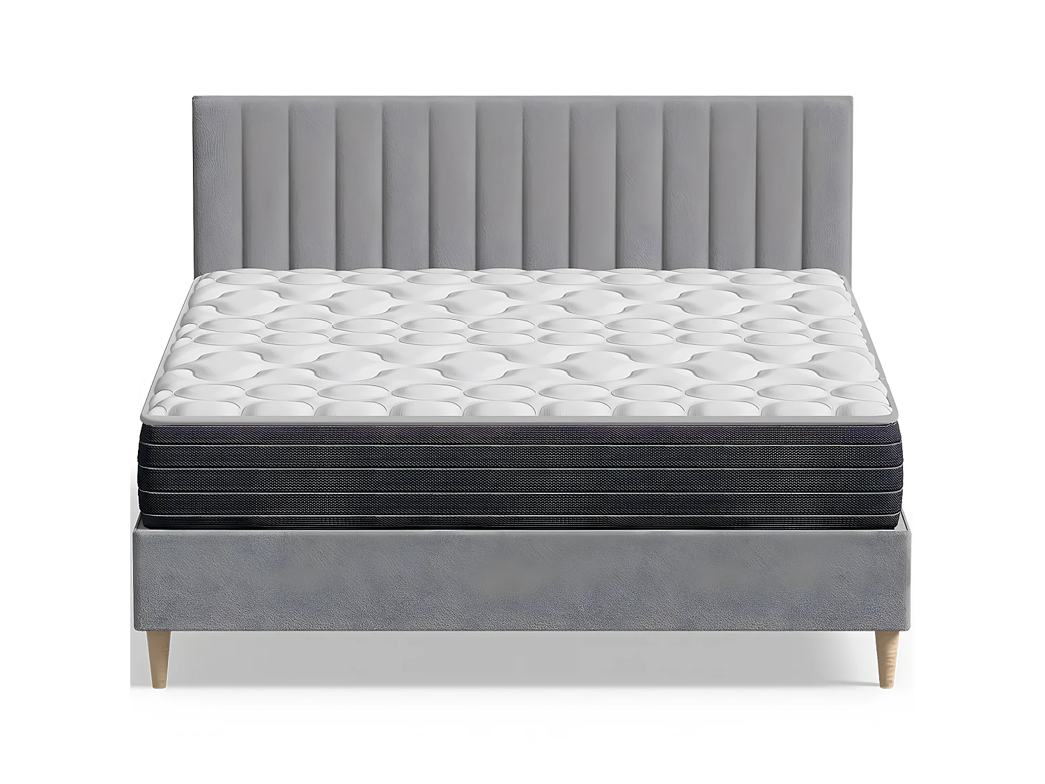 Ensemble lit adulte 140x190 cm en velours gris clair avec tête de lit matelassée Eliot + Matelas mémoire de forme Memo HR
