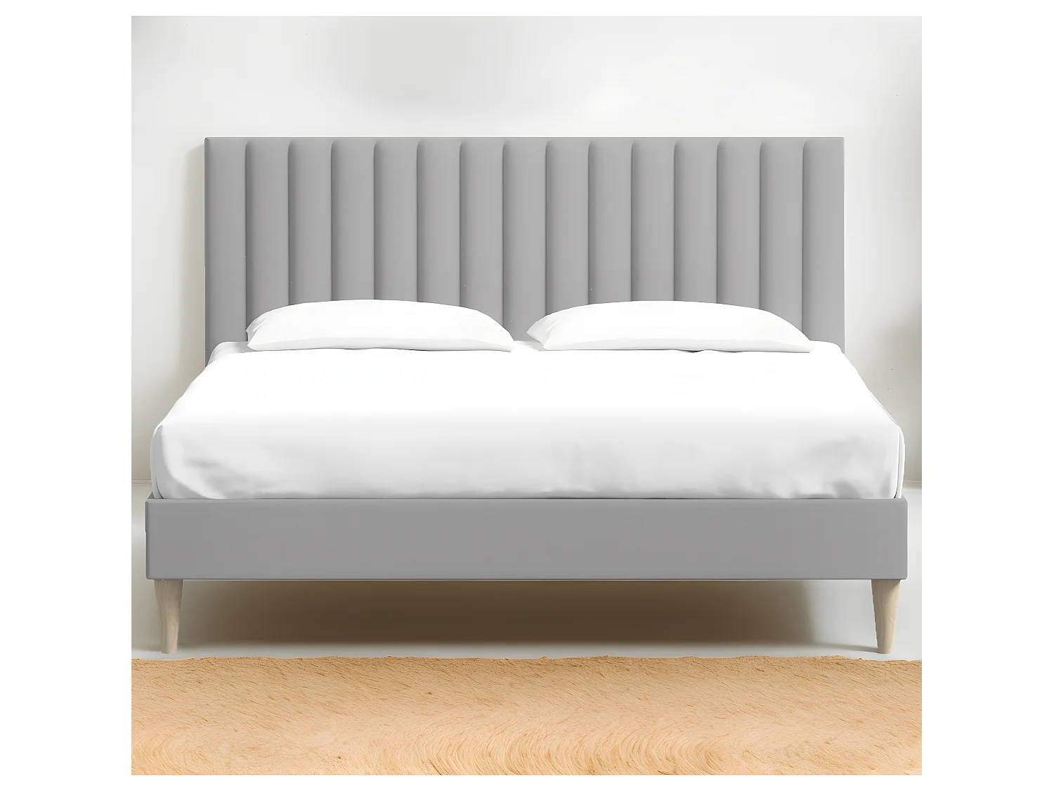 Ensemble lit adulte 140x190 cm en velours gris clair avec tête de lit matelassée Eliot + Matelas mémoire de forme Memo HR