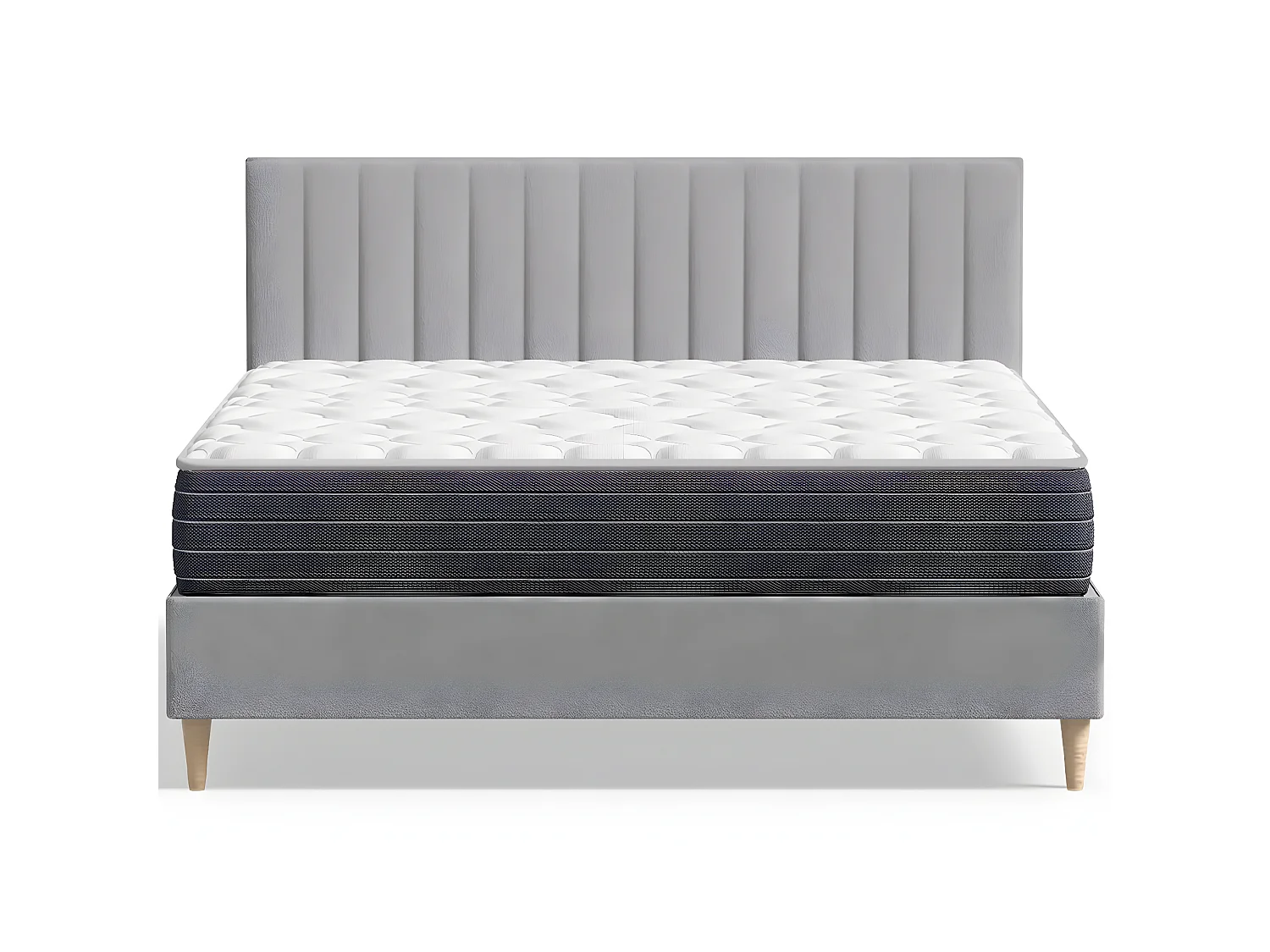 Ensemble lit adulte 140x190 cm en velours gris clair avec tête de lit matelassée Eliot + Matelas mémoire de forme Memo HR
