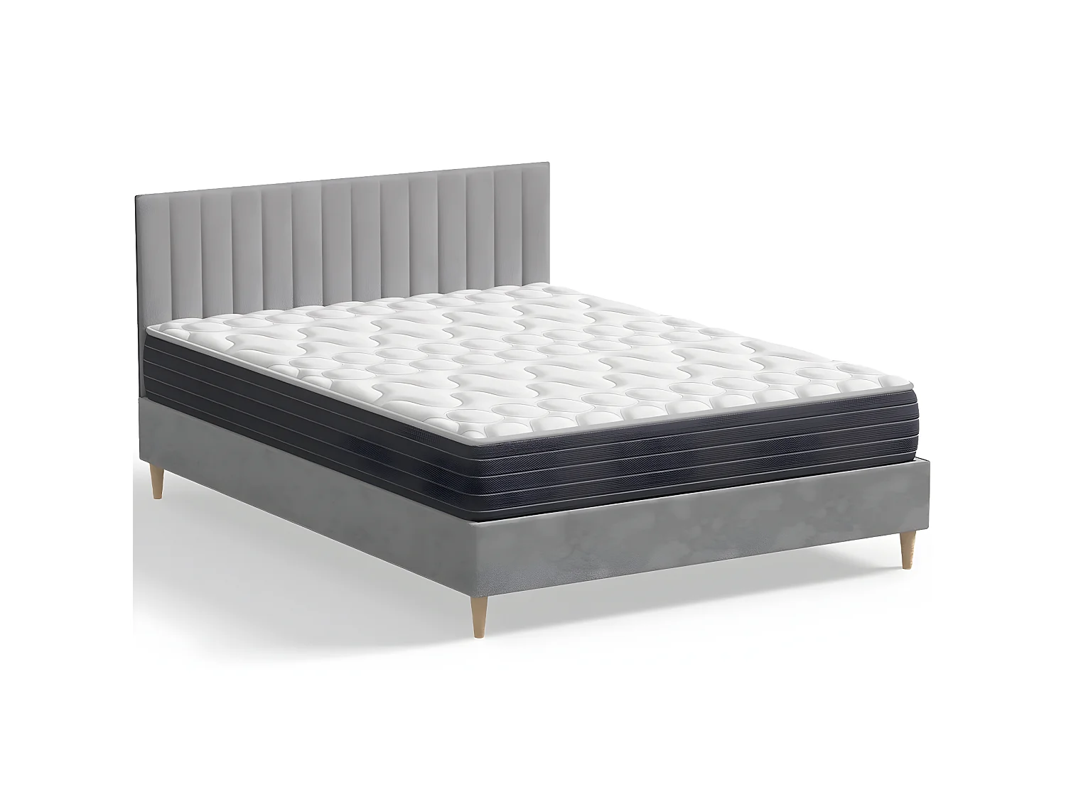 Ensemble lit adulte 140x190 cm en velours gris clair avec tête de lit matelassée Eliot + Matelas mémoire de forme Memo HR