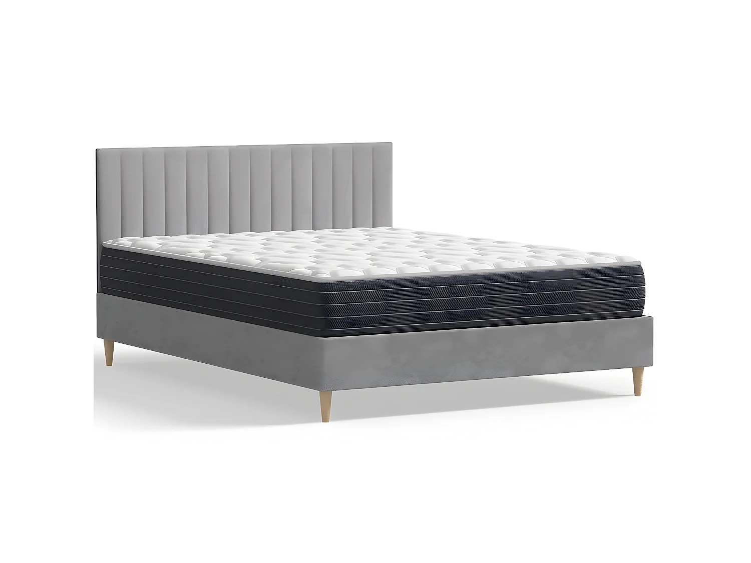 Ensemble lit adulte 140x190 cm en velours gris clair avec tête de lit matelassée Eliot + Matelas mémoire de forme Memo HR