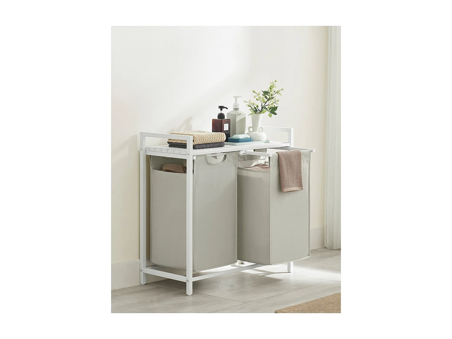 Cesto de ropa con 2 compartimentos deslizantes gris claro - L71 cm