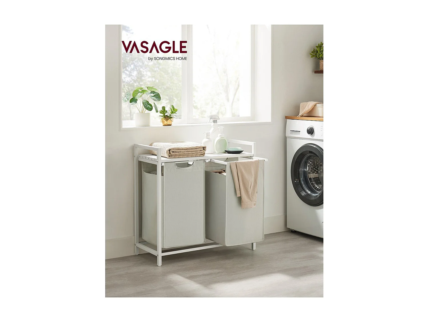 Cesto de ropa con 2 compartimentos deslizantes gris claro - L71 cm