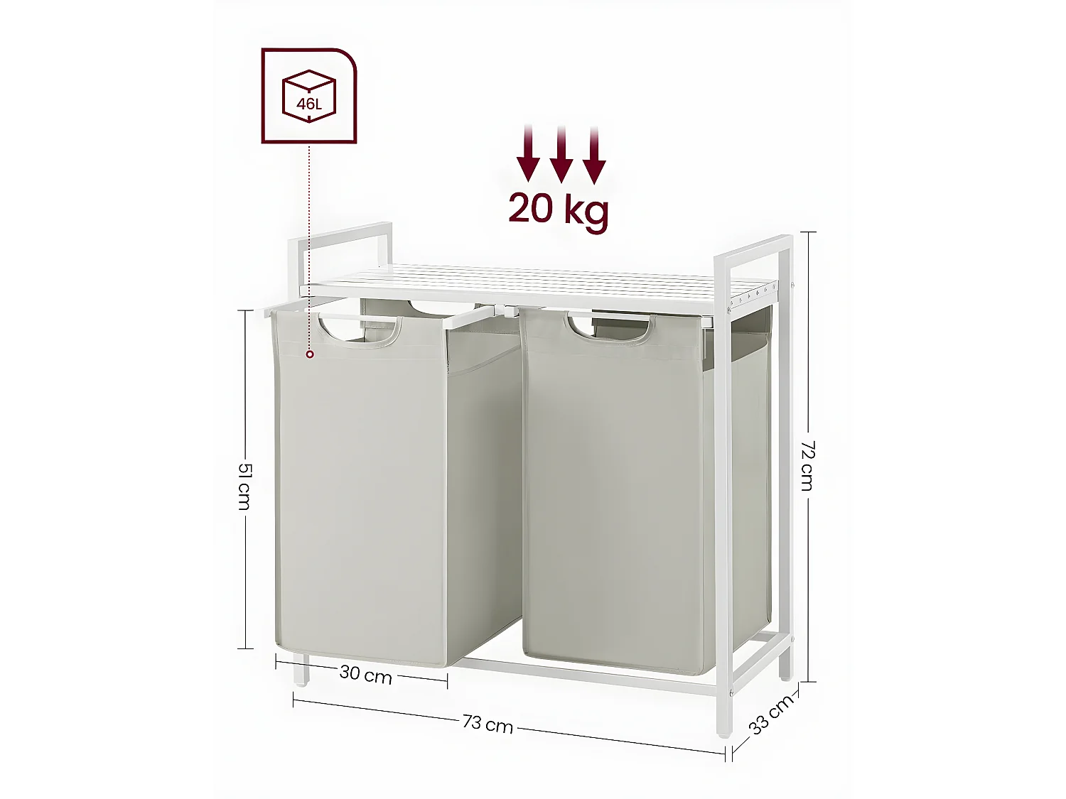 Cesto de ropa con 2 compartimentos deslizantes gris claro - L71 cm